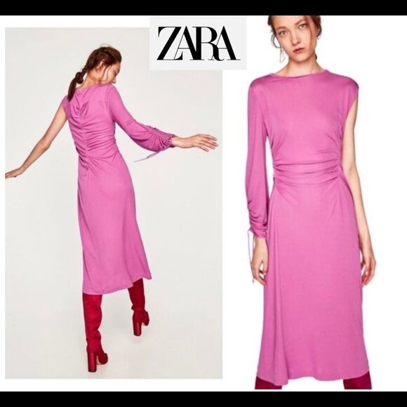 ZARA purple magenta Cinched Asymmetric One Sleeve Dress Sz M/L NWT - Picture 16 of 16